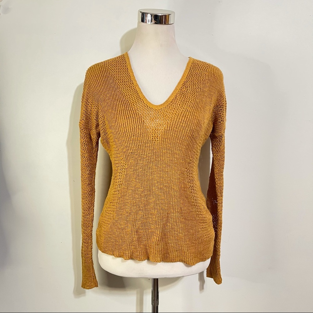 Y2K Mustard Open Knit Long Sleeve Sweater Top V Neck Small